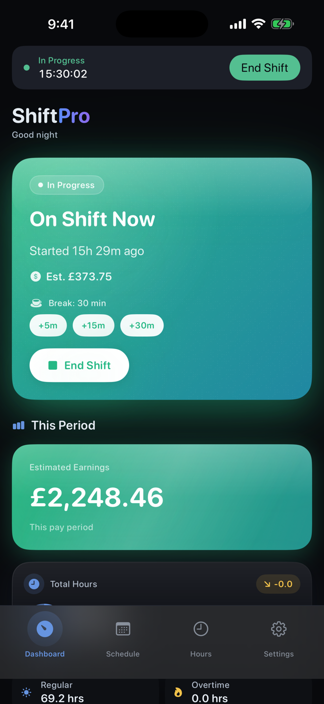 ShiftPro active shift dashboard